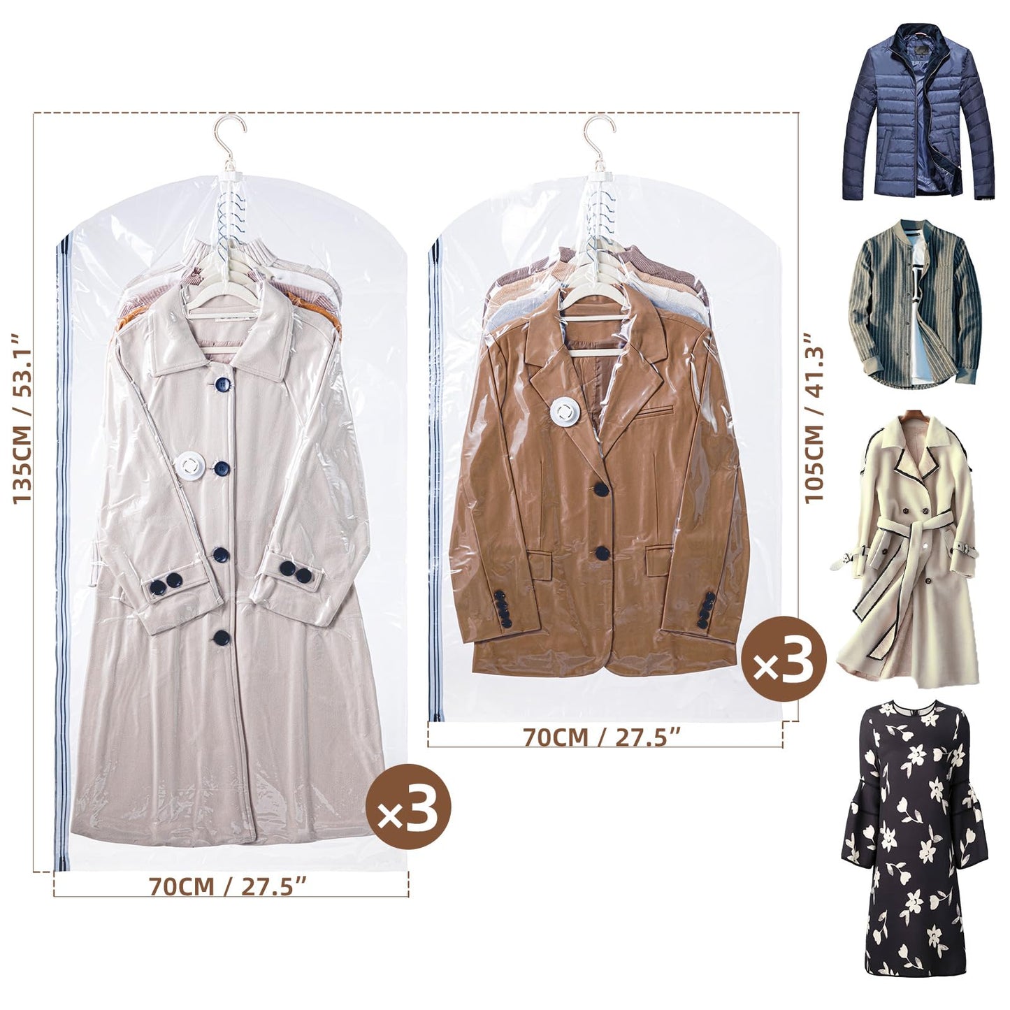 TAILI Hanging Vacuum Storage Bags for Clothes, Side-Widen Space Saver Bags (3 Long, 3 Short), Clear Large Compression Bag 6 Pack
