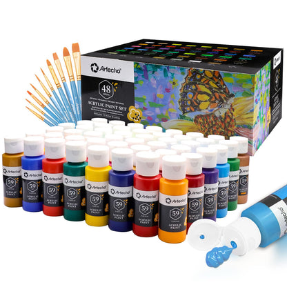 Artecho Acrylic Paint Set 48 Colors 2 Ounce/59ml with 10 Paint Brushs, Basic Acrylic Paint Supplies for Wood, Fabric, Crafts, Canvas, Leather&Stone