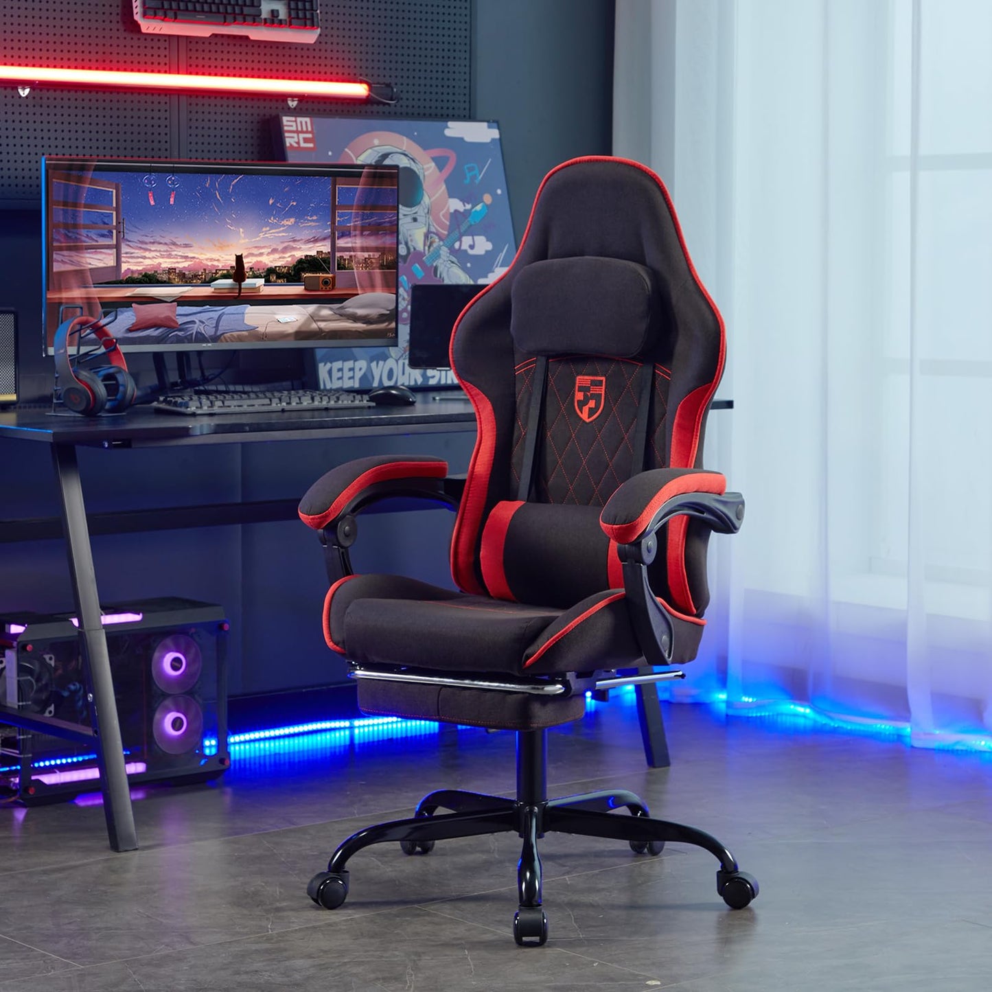 NIONIK Gaming Chair with Footrest and Massage Lumbar Cushion, Ergonomic Computer Chair with 135° Recline, Breathable Fabric, Headrest and 360° Swivel
