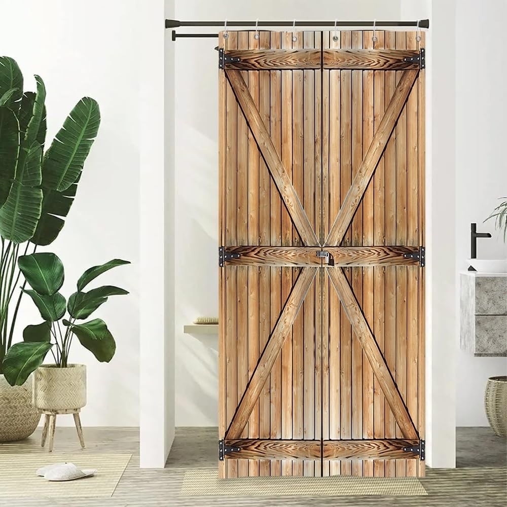 Xiaoterna Rustic Shower Curtain Retro Brown Wooden Door Waterproof Bathroom Curtain Western Country Harvest Farm Barn Machine Washable Mildew