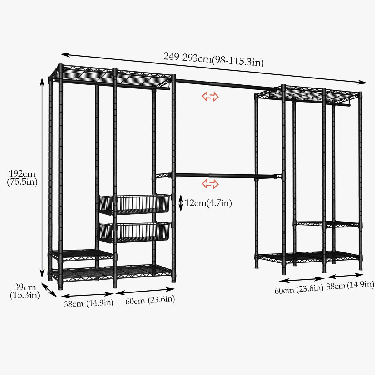 KZOBYD Extendable Clothes Rails with Pull-out Baskets, Length 98-115 inch