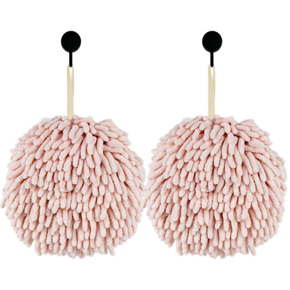 Fuzzy Ball Hand Towels, Set of 2, Chenille Quick Dry, 6.9inch (pink)