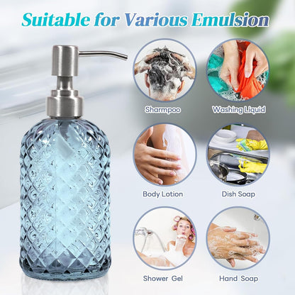 BAOWUABJ Glass Soap Dispenser with Stainless Steel Pump, 400ml, Blue