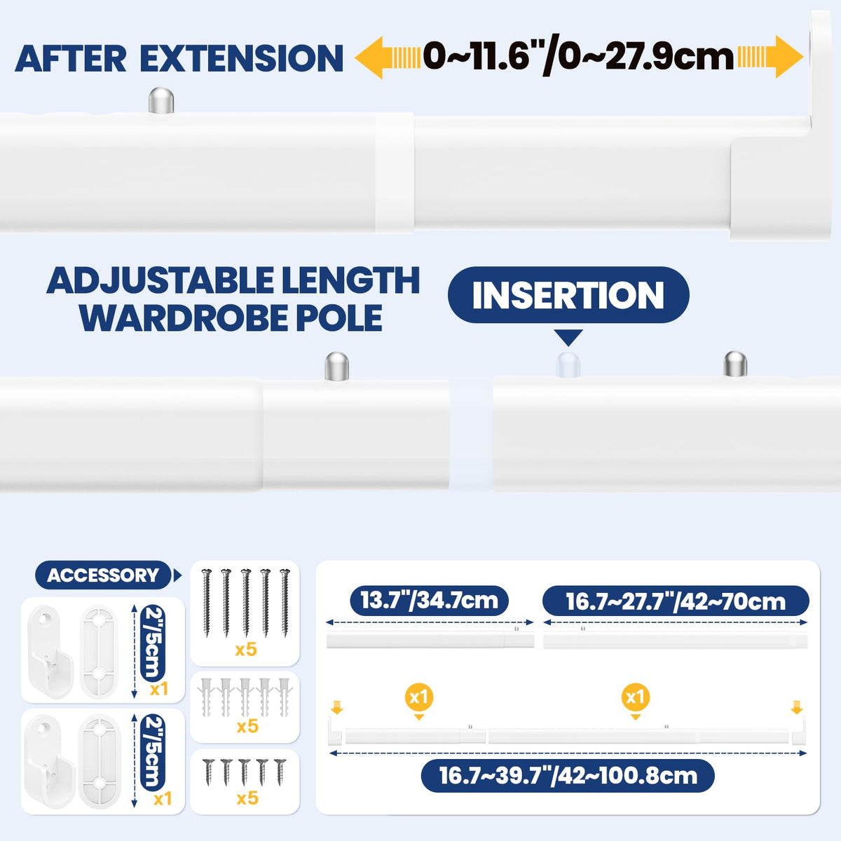 Wardrobe Rail Pole,Clothes Rail 42-101CM Adjustable Stainless Steel(White)