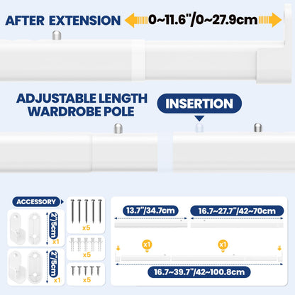 Wardrobe Rail Pole,Clothes Rail 42-101CM Adjustable Stainless Steel(White)