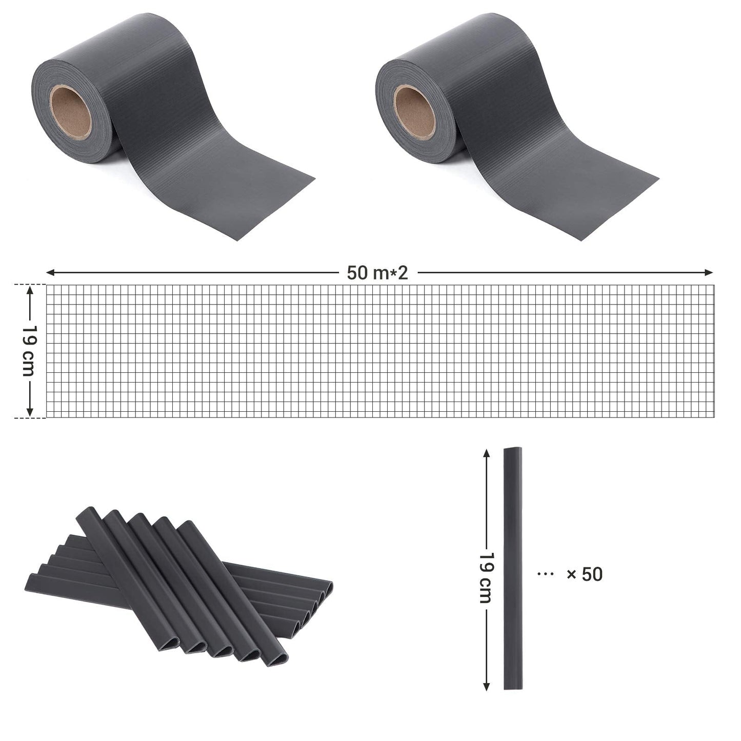 SONGMICS GPJ100GY RAL 7016 PVC Privacy Screen Wind Protection 2 Rolls m x 19 cm Extra Thick with 50 x Mounting Clips Anthracite, Charcoal, 100