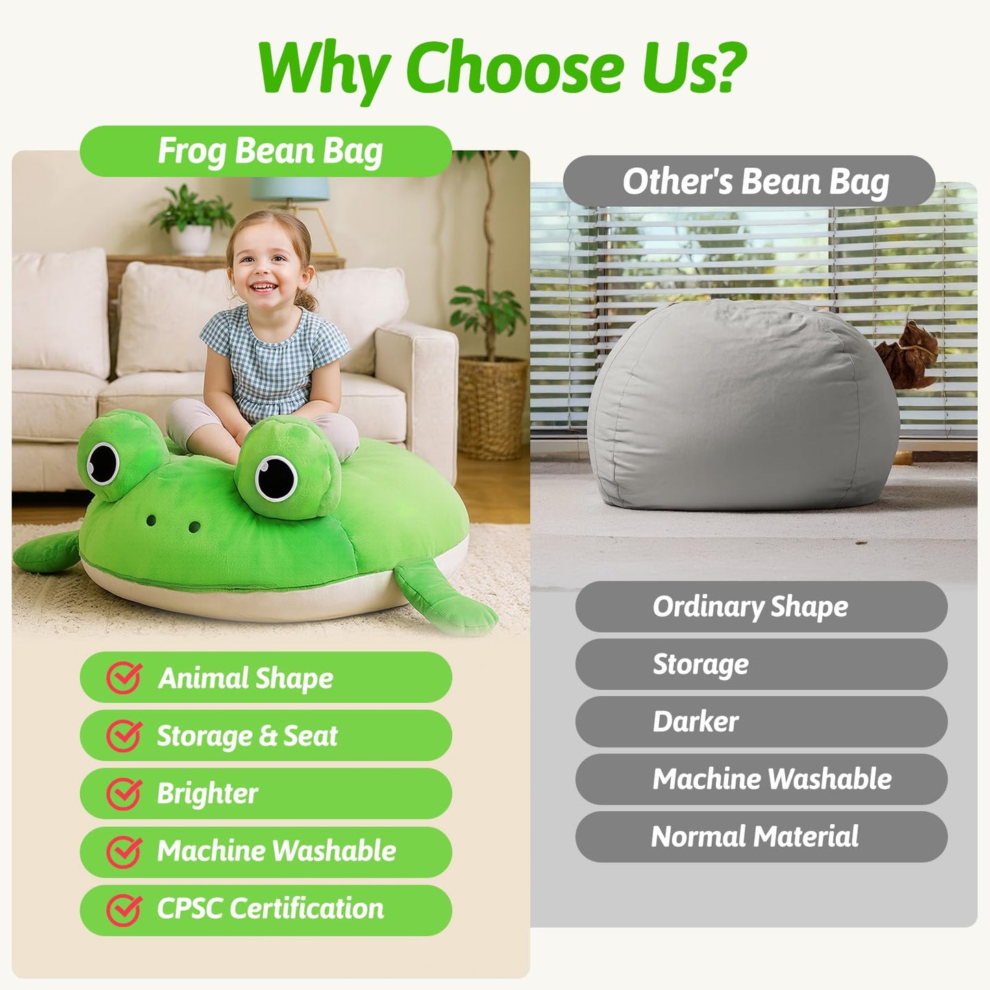 OUOZZZ Storage Bean Bag Chair Kids Green Frog Beanbag Chair for Girls Boys Toy Organizer Cover Only Without Filling