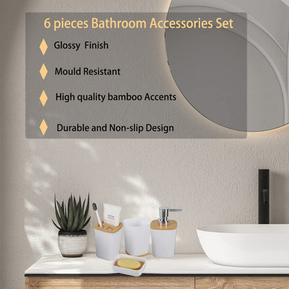 JETAINE 6 Pieces Bamboo Bathroom Accessories set, Luxury Modern Bathroom Accessory Bath Set, White Toilet Accessories w/Trash Can