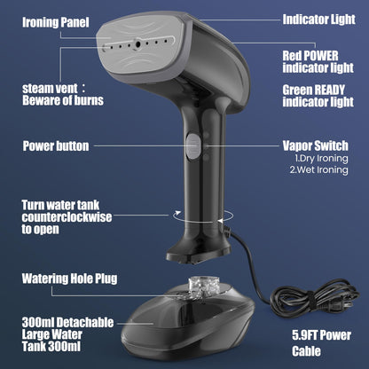 Powerful Handheld Fabric Steamer - 1800W with Fast Ceramic Heat-Up Plate, 2-in-1 Ironing & Wrinkle Remover, Steam Nozzle, Lint Brush - Black, 220V