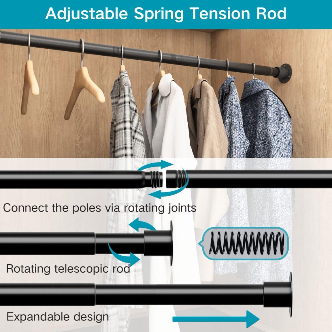 Wardrobe Rail, Extendable Clothes Rail Wall Mounted Wardrobe Hanging Rail for Clothes, Bedroom,Windows and Showers, 45-68CM/Diameter 25MM，White