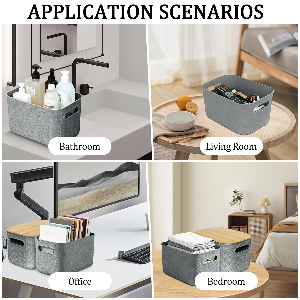 RWFMO 4 Pcs Plastic Grey Storage Baskets with Bamboo Lid for Bathroom