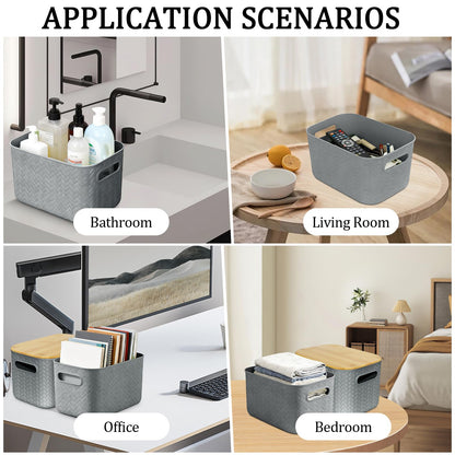 RWFMO 4 Pcs Plastic Grey Storage Baskets with Bamboo Lid for Bathroom