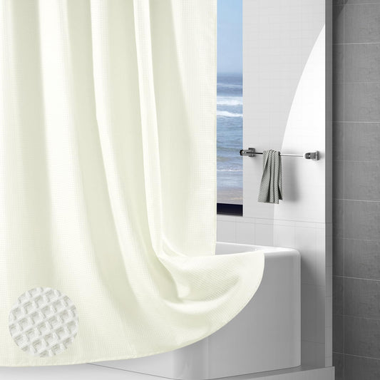 Hotel-Quality Ivory Waffle Shower Curtain, Water Repellent Bath Curtain Prevents Water Escaping, 256GSM Thick Heavy Duty Fabric Texture Wet Room