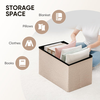 Bonlife Ottoman Seat with Storage,Folding Small Footstool for Living Room,Cube Toy Chest Box,Foot Rest,Sherpa Fabric,Beige,42x32x32cm
