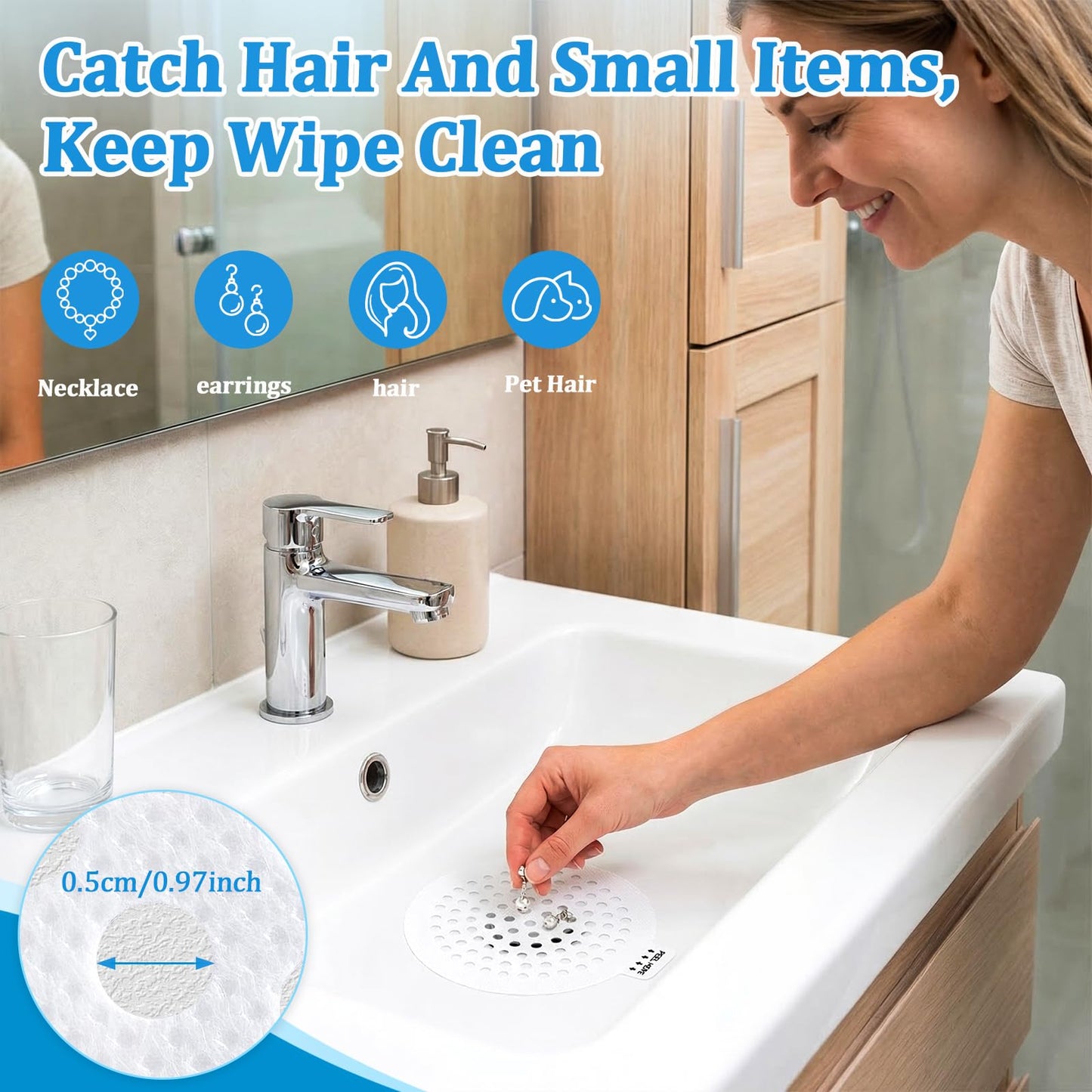 Disposable Shower Drain Hair Catcher, 38 Pack Mesh Drain Covers Strainers, Stop Hair Clog Stickers-Easy Peel Remove