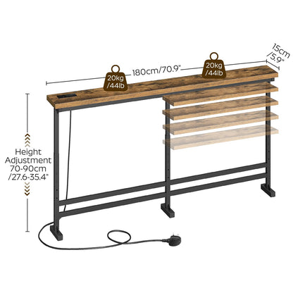 YATINEY 15 cm Slim Console Table, Height-Adjustable Behind Sofa Table, 180 cm Hallway Table, Narrow Long Sofa Table with Power Outlet