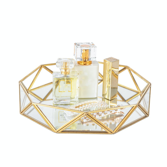 Feyarl Glass Perfume Tray 9.5Inch/24cm Mirrored Tray Gold Cosmetic Makeup Vanity Trays Jewelry Display Ornate Decorative Trays for Home Decor Dresser