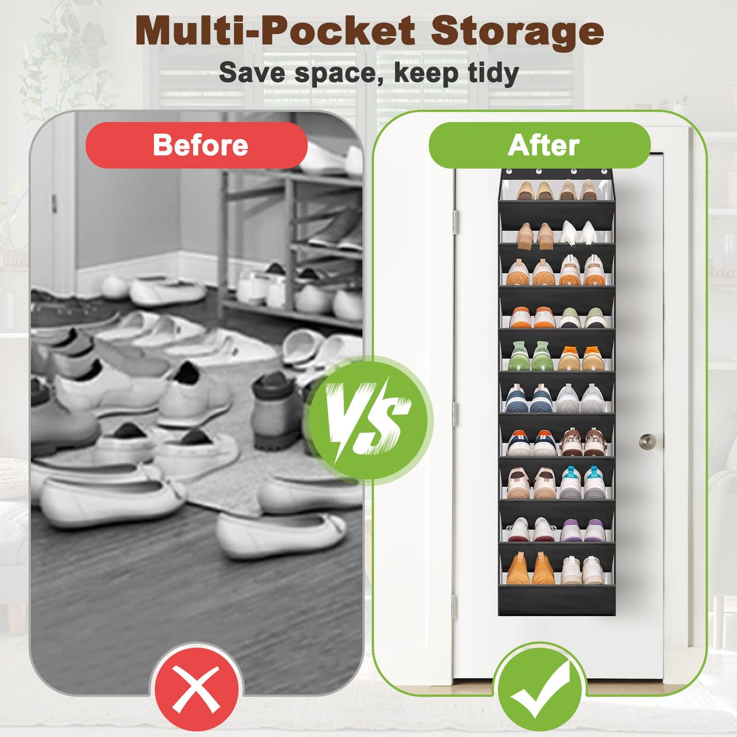 Over Door Shoe Storage with Deep Pockets & 4 Sturdy Metal Hooks, 10 Layers Hanging Boots Organiser, Overdoor Narrow Sneakers Holder