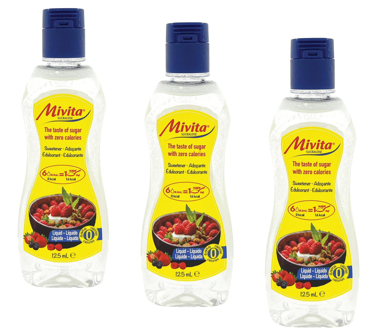 Mivita Sucralose Liquid Sweetener 3 x 125ml - Zero Sugar and Zero Calories Sugar Alternative, Great Taste, Gluten-free, Lactose-free, Zero Glycemic
