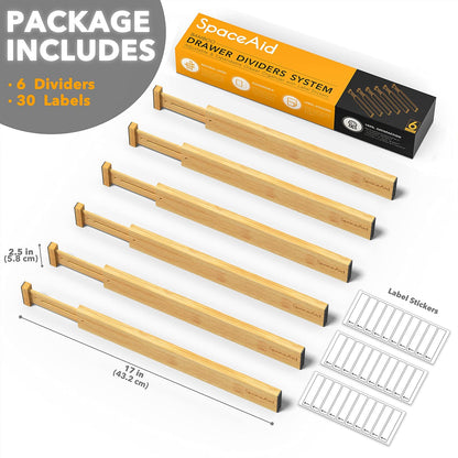 SpaceAid Bamboo Drawer Dividers with Labels, Kitchen Adjustable Drawer Organizers, Expandable Organization for Home, Office, Dressers and Bathroom