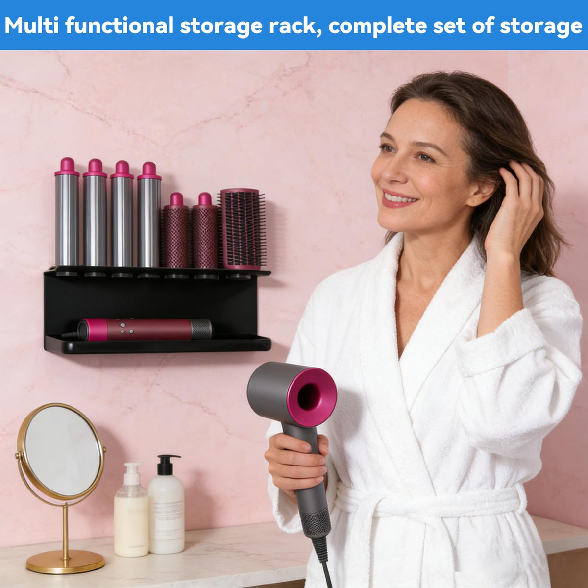 Rankomu Hair Dryer Holder Wall Mount for Dyson Airwrap – No Drill Adhesive Holder for Hair Straightener, Curling Iron & Styler Accessories