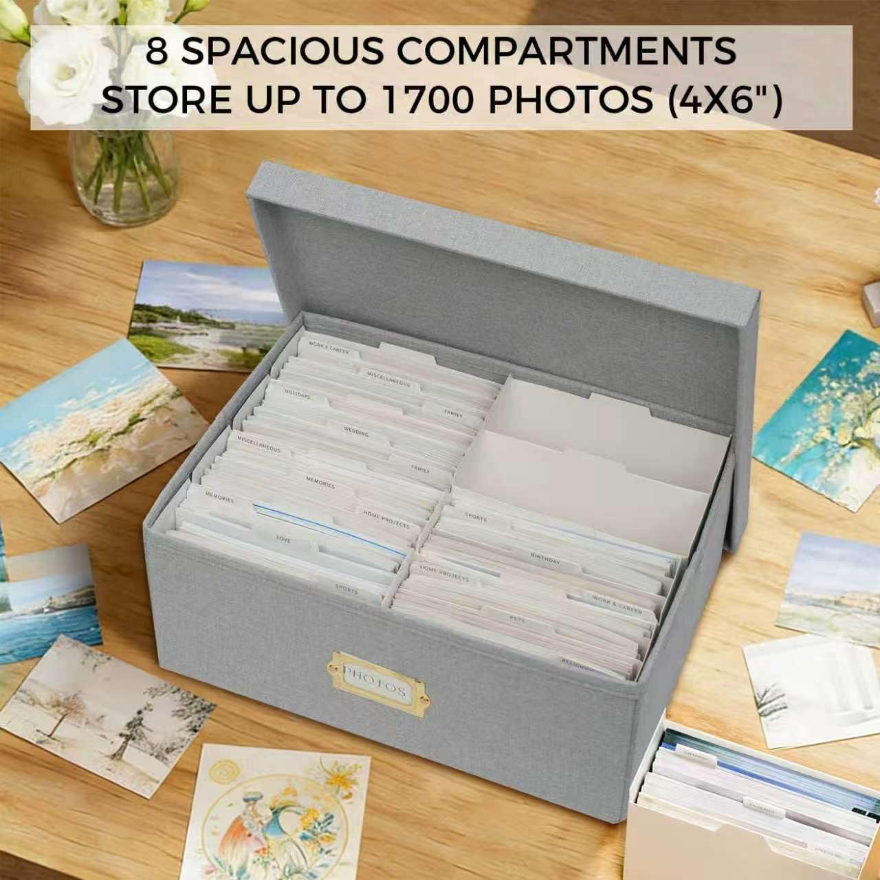 kroucoco Linen Photo Storage Box,hold up to 1700 Photos of 4x6”,Photo Containers with Dividers,Photo Storage Organizer with Lid for