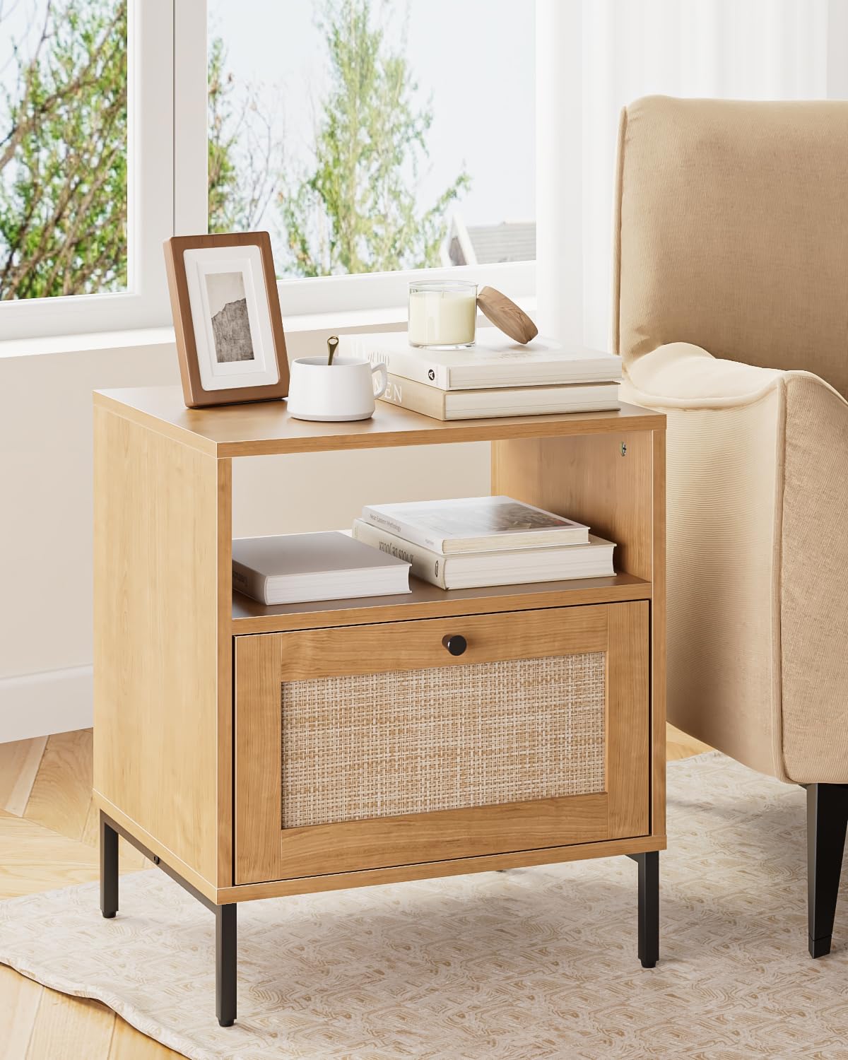 Apetaccat Rattan Bedside Table, Wooden Bedside Table, Oak Boho Bedside Cabinet with Drawer and Open Shelf, 47 x 39 x 54 cm, for Bedroom, Living Room