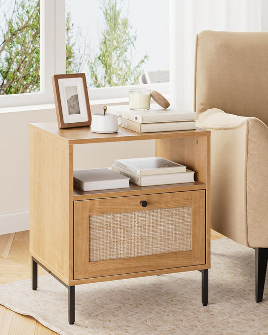 Apetaccat Rattan Bedside Table, Wooden Bedside Table, Oak Boho Bedside Cabinet with Drawer and Open Shelf, 47 x 39 x 54 cm, for Bedroom, Living Room