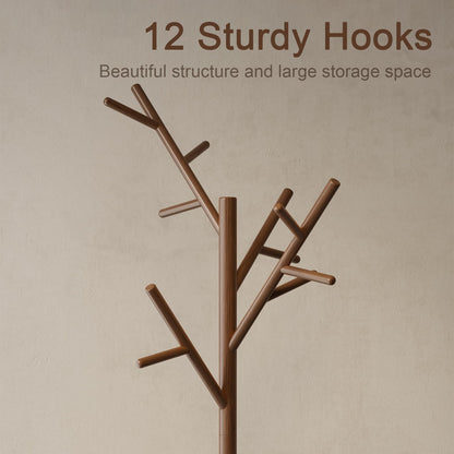 AQIMUELE Coat Stand, Wooden Coat Rack, Freestanding Stand with 12 Hooks, 3 Heights for Clothes, Hats, Bags, Coat Stands for Hallway, Small Space