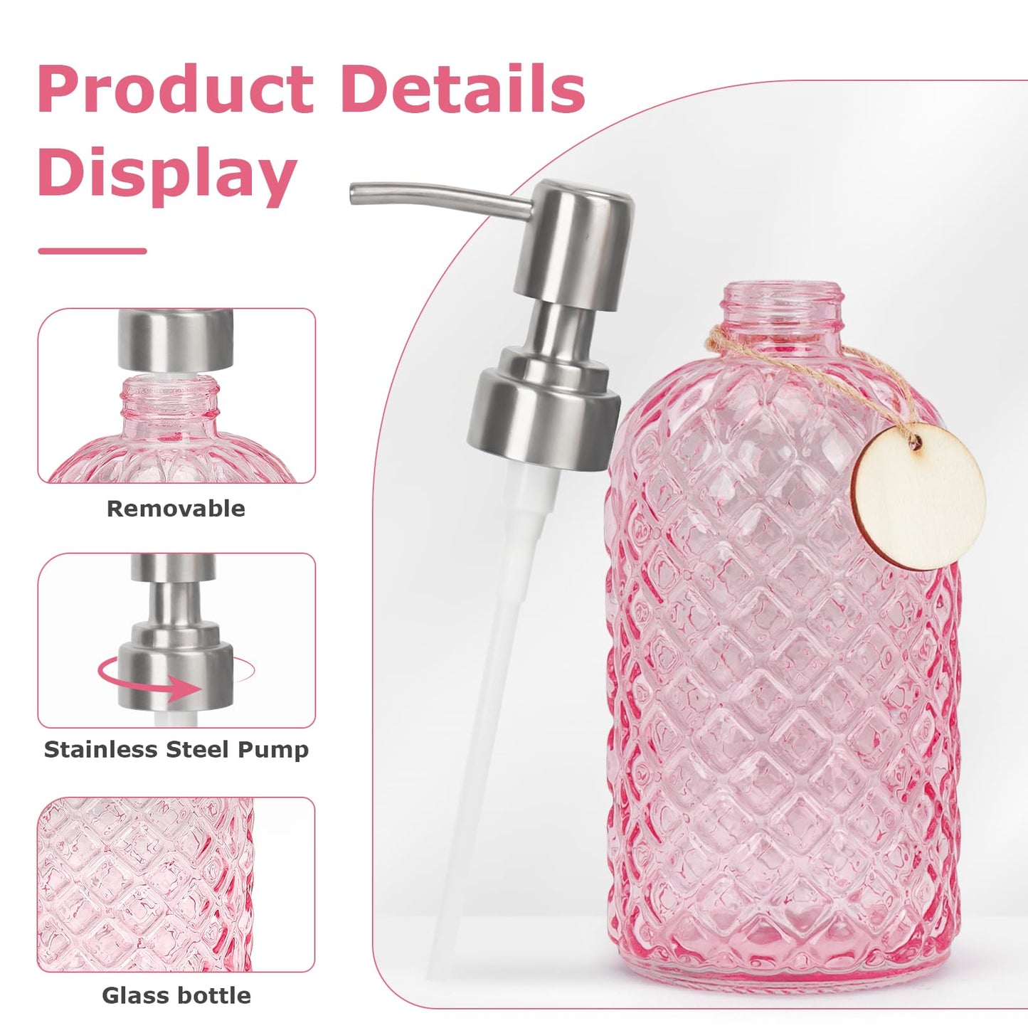 Topsky Glass Soap Dispenser with Silver Metal Pump 400ml Pink