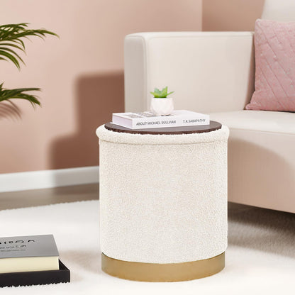 Bonlife Round Ottoman - Coffee Table with Storage, Cream, 37.5x37.5x42.5cm