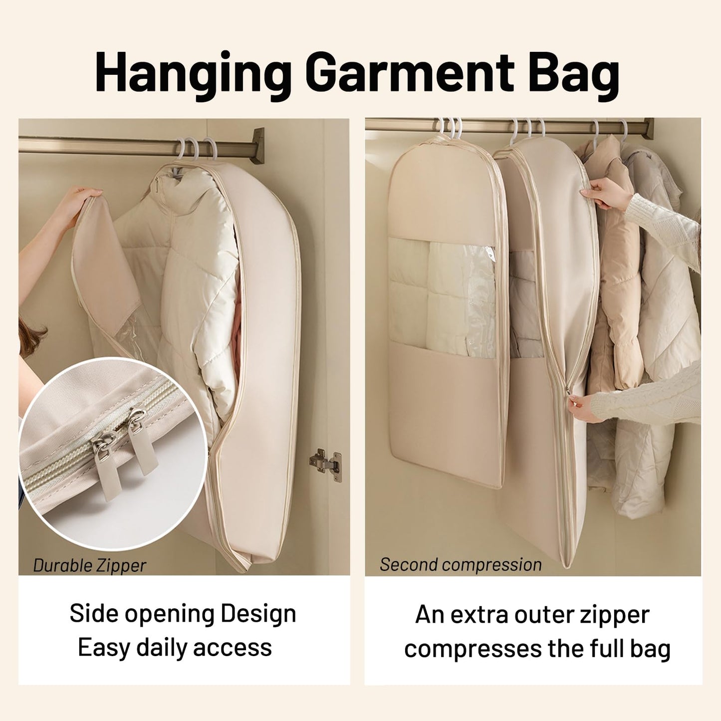 Space Saving Hanging Compression Garment Bag with Zipper for Closet Storage, Hanging Clothes Storage Bag, Garment Covers for Coats and Down Jackets