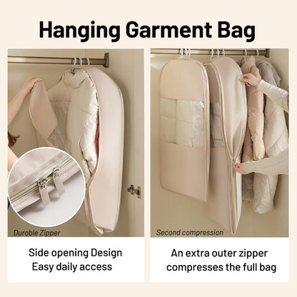 Space Saving Hanging Compression Garment Bag with Zipper for Closet Storage, Hanging Clothes Storage Bag, Garment Covers for Coats and Down Jackets