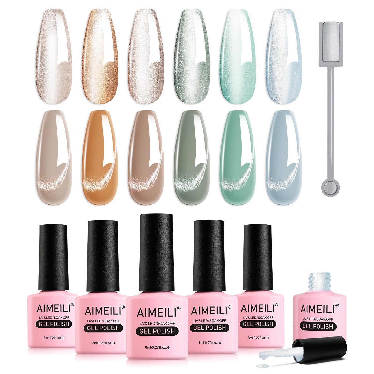 AIMEILI Magnetic Gel Nail Polish Set with Magnetic Stick, 6pcs Moonlight Ceramic Cat Eye Gel Nail Varnish UV LED Nail Art Manicure Pedicure, Easy to