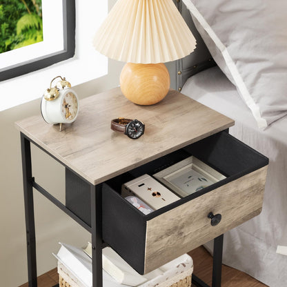 AMHANCIBLE Bedside Table, Side Tables Set of 2 with Fabric Drawer, Sofa Table with Storage Shelf, Nightstand with Metal Frame