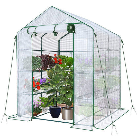VOUNOT? Walk In Greenhouse with Shelves, Roll up Zip Panel Door Garden Plastic Polytunnels Grow House for Outdoor Use, White 143x143x195cm