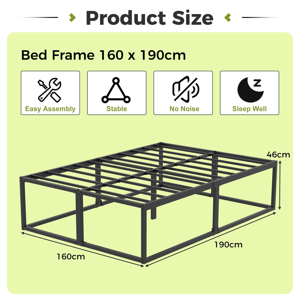 EMODA 46 cm High Metal Bed Frame 160x190 cm, Black