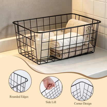 2 Metal Wire Storage Basket with Handles for Kitchen Cabinet Bedroom Bathroom Heavy Duty Rust Resistant Mesh Design Ideal for Organizing Household
