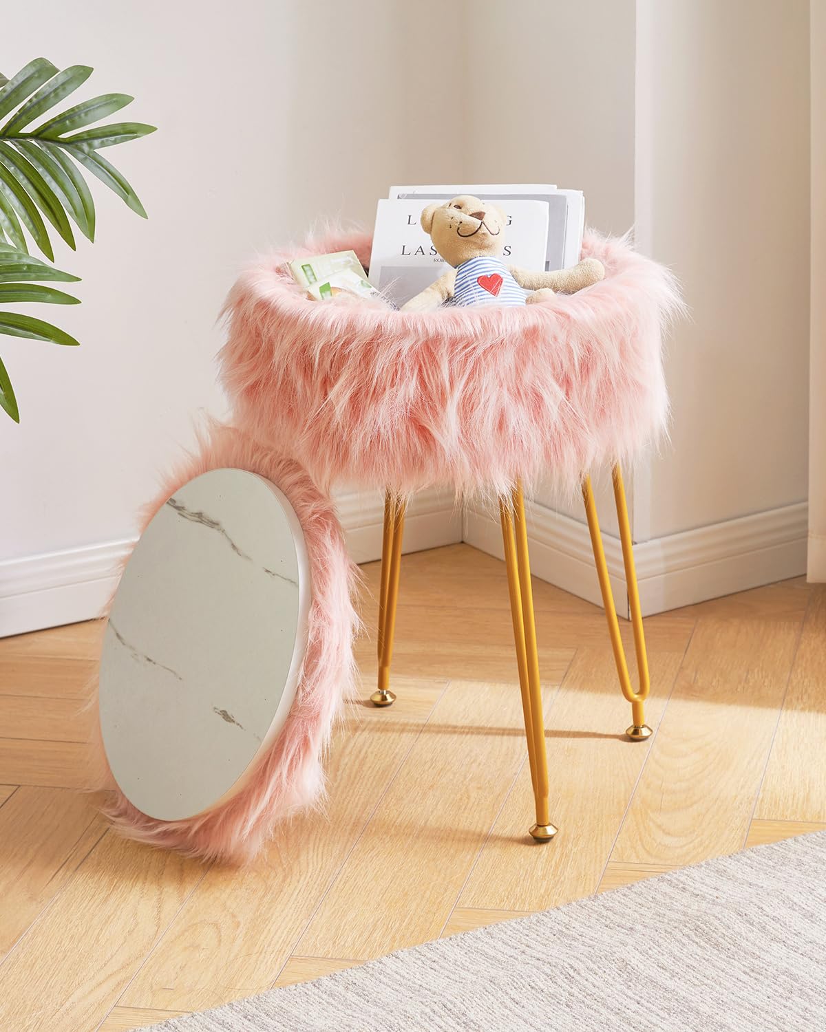 IBUYKE Round Faux Fur Vanity Stool with Storage, Makeup Chair, Pink WBD021P