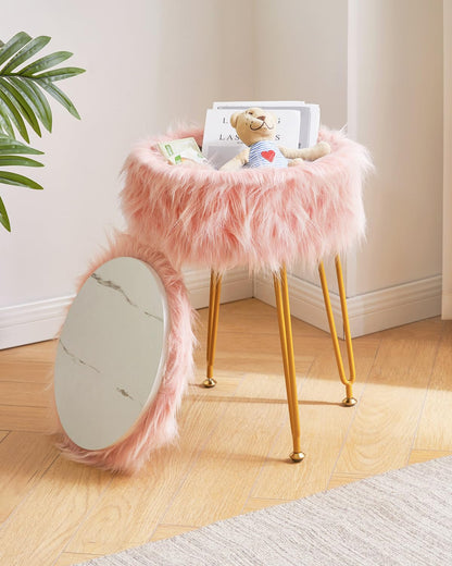 IBUYKE Round Faux Fur Vanity Stool with Storage, Makeup Chair, Pink WBD021P