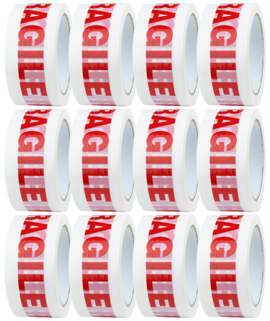 12x Rolls of Low Noise Fragile Tape for Packing Boxes/Fragile Packing Tape - 48mm x 66m, Packing Tape Strong for Moving House, Packing Parcels,