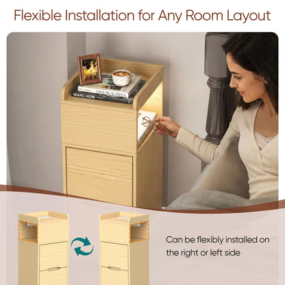 Quikraen Slim Bedside Table with Sensor LED Light and Charging Station