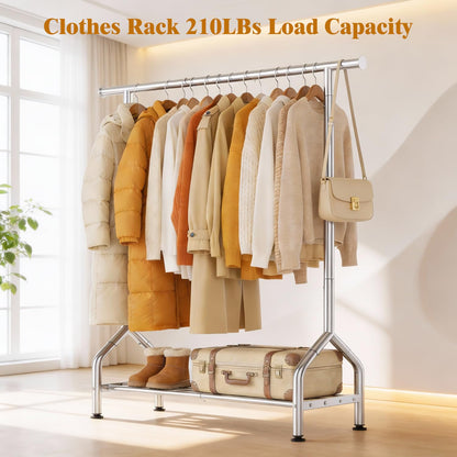 EAGMAK Metal Clothes Rail with Shelf for Hanging Clothes, Sturdy Freestanding Clothes Hanging Rail for Wardrobe & Bedroom Clothing Storage, Silver