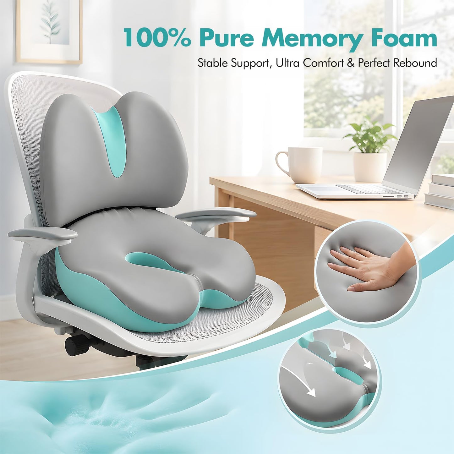 Memory Foam Seat Cushion & Lumbar Support Pillow Set, 2-in-1 Ergonomic Orthopaedic Office Chair Cushion with Non-Slip Base – Coccyx