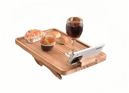 Uwenkjie Pine Wood Rotating Armrest Tray - Foldable Rectangular Sofa Armrest Table, Clamped On, Burnt Color