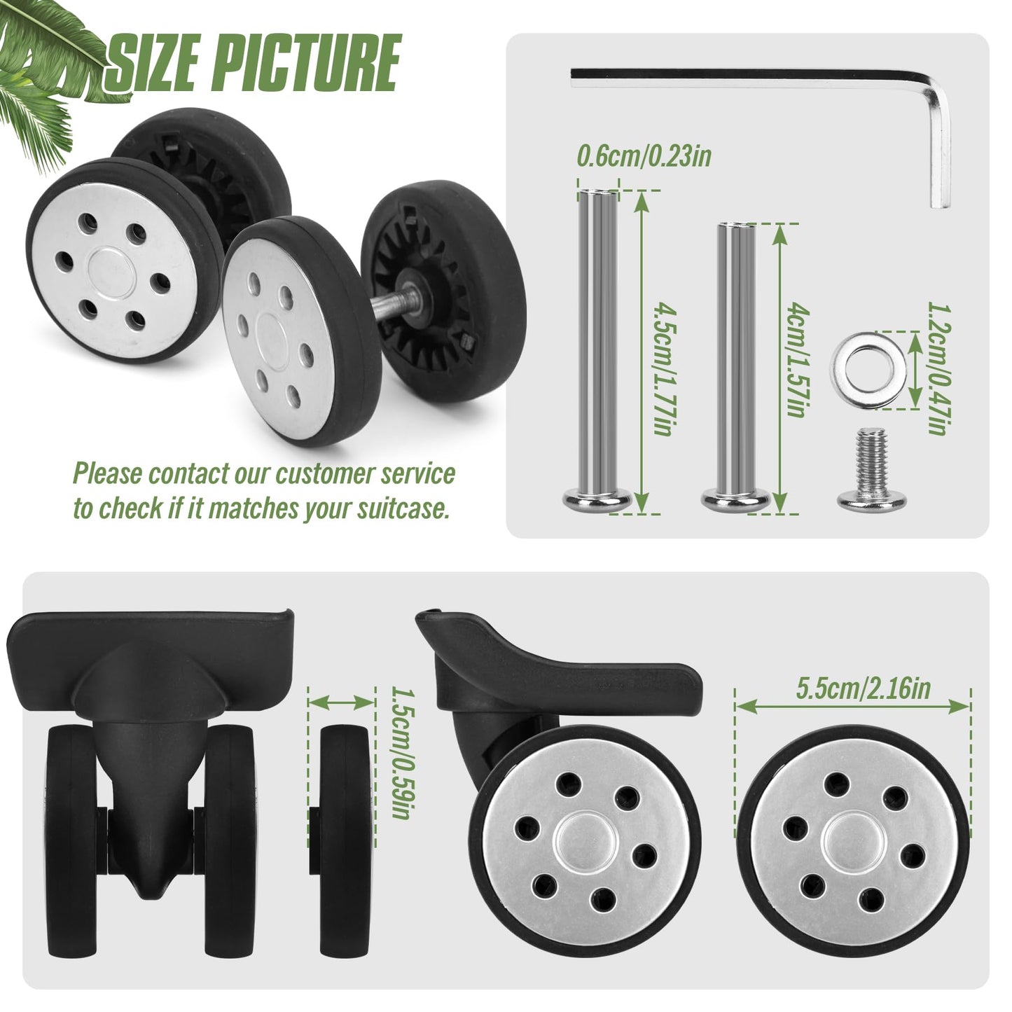 Vivikivi 8 PCS Suitcase Wheels Replacement Kit, Wear-Resistant Replacement Luggage Suitcase Wheels, Luggage Repair Wheel Mute Durable, VK-A15 55mm