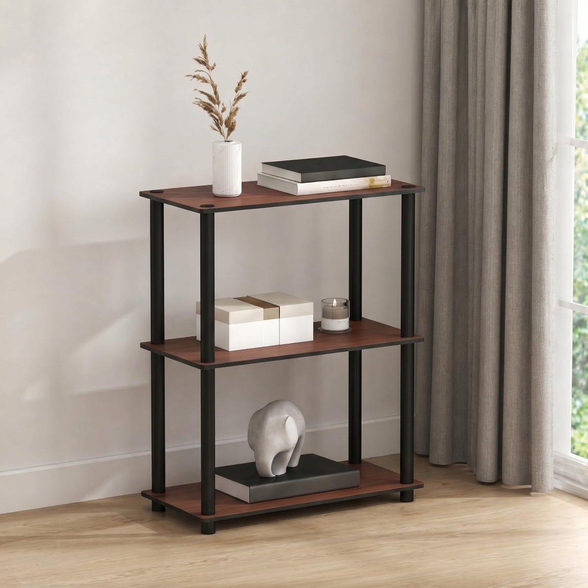 Furinno TURN-N-TUBE Storage Shelves, 3-Tier Book Shelf, Corner Shelf, Toolless Open Shelves, for Organization and Storage, Living Room, Bedroom