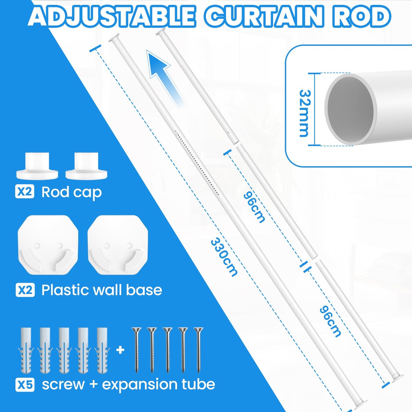 Extendable Φ32mm Curtain Poles 98-330cm Tension Rods with 2 Wall Base