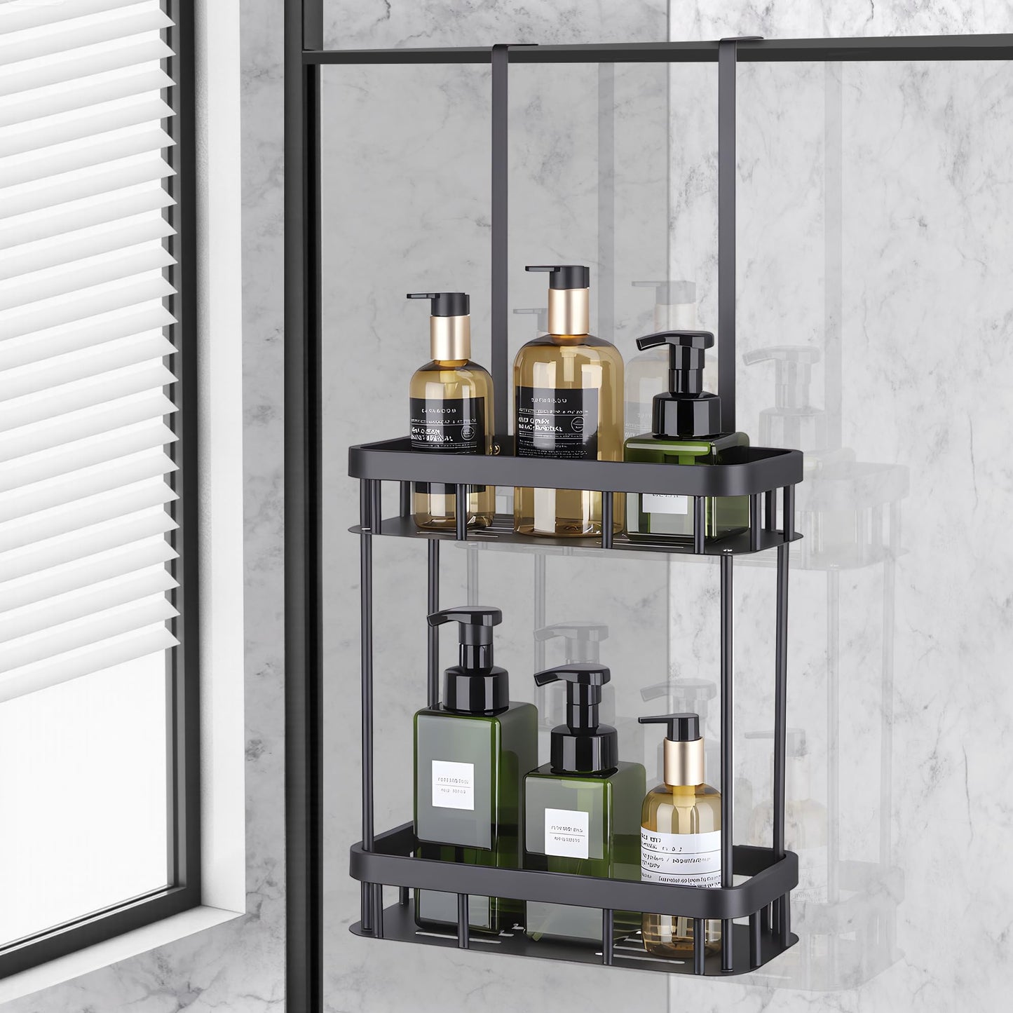 MICHIHOMIE Shower Caddy Hanging, 2 Tier Hanging Shower Organiser No Drilling, Stainless Steel Black Bathroom Storage Basket for Shampoo, Conditioner