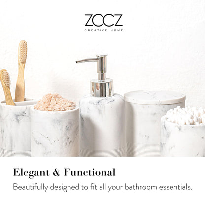 ZCCZ White Bathroom Accessory Set 6 Pieces - Organiser With Toothbrush Holder, Lotion Soap Dispenser, Vanity Tray and 2 Q-tip Holders